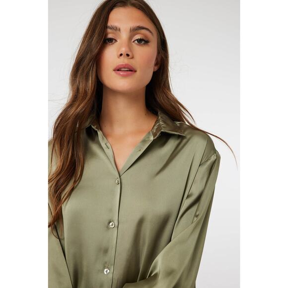 The Workshop Sage Green Button Front Loose Fit Long Satin Blouse Shirt Small - Picture 4 of 9